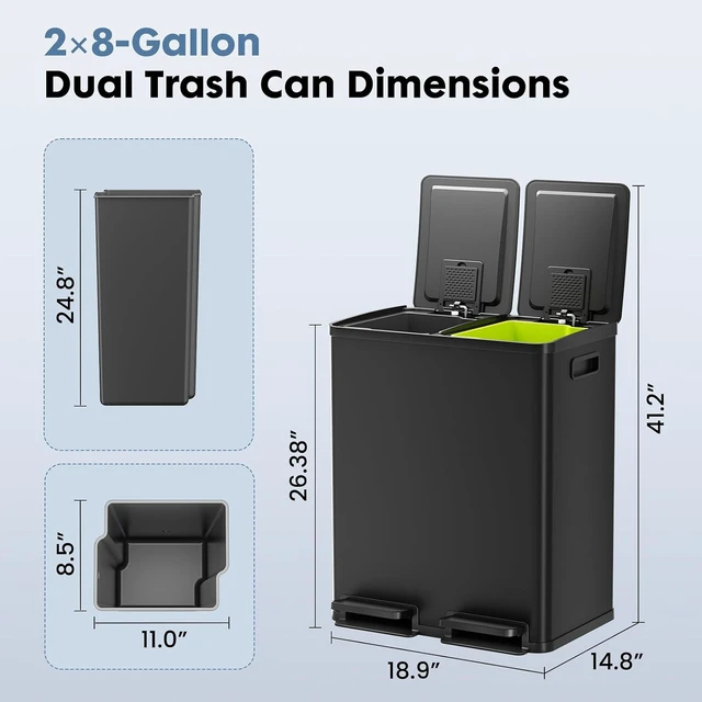 Alt view image 7 of 7 - Kitchen Trash Can, 2x8-Gallon Dual Trash Can with Lid, Stainless Steel Garbage Bin with 2 Removable Inner Buckets, Soft-Close Foot Pedal for Kitchen, Home, Office, Matte Black