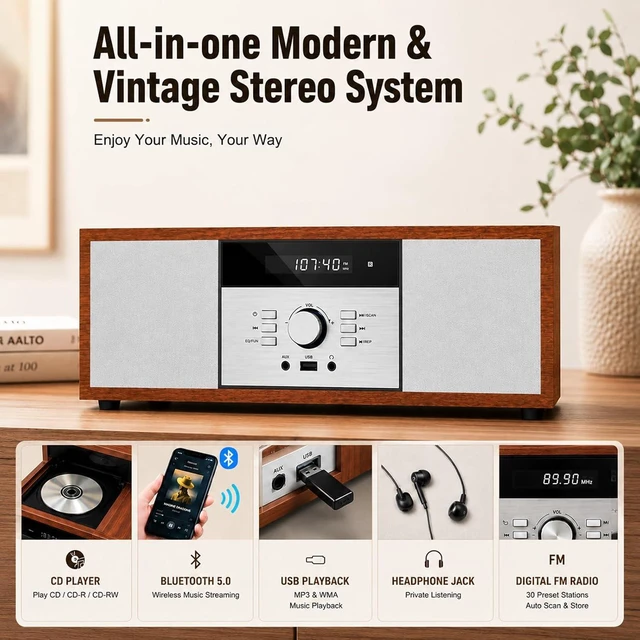 Alt view image 2 of 7 - Nostalgic Bluetooth Stereo System for Home, Vintage Micro HiFi Systems CD Player,with Bluetooth Audio Streaming,FM Radio,USB Port,Aux-in,Earphone Port (Brown)