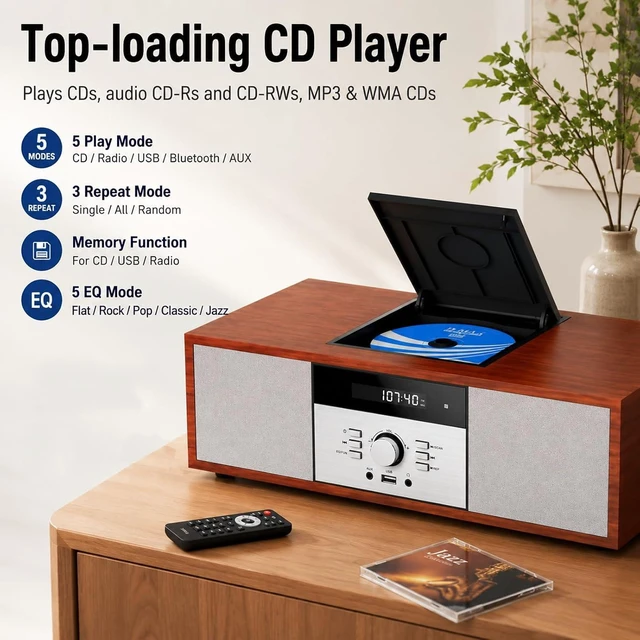 Alt view image 3 of 7 - Nostalgic Bluetooth Stereo System for Home, Vintage Micro HiFi Systems CD Player,with Bluetooth Audio Streaming,FM Radio,USB Port,Aux-in,Earphone Port (Brown)