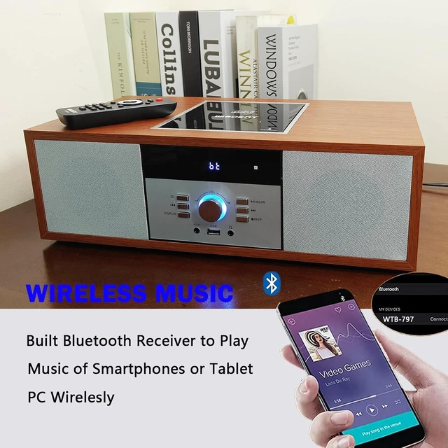 Alt view image 4 of 7 - Nostalgic Bluetooth Stereo System for Home, Vintage Micro HiFi Systems CD Player,with Bluetooth Audio Streaming,FM Radio,USB Port,Aux-in,Earphone Port (Brown)