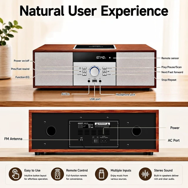 Alt view image 5 of 7 - Nostalgic Bluetooth Stereo System for Home, Vintage Micro HiFi Systems CD Player,with Bluetooth Audio Streaming,FM Radio,USB Port,Aux-in,Earphone Port (Brown)