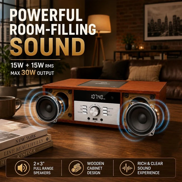 Alt view image 6 of 7 - Nostalgic Bluetooth Stereo System for Home, Vintage Micro HiFi Systems CD Player,with Bluetooth Audio Streaming,FM Radio,USB Port,Aux-in,Earphone Port (Brown)