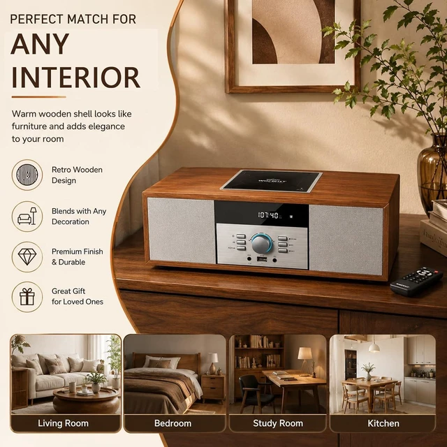 Alt view image 7 of 7 - Nostalgic Bluetooth Stereo System for Home, Vintage Micro HiFi Systems CD Player,with Bluetooth Audio Streaming,FM Radio,USB Port,Aux-in,Earphone Port (Brown)