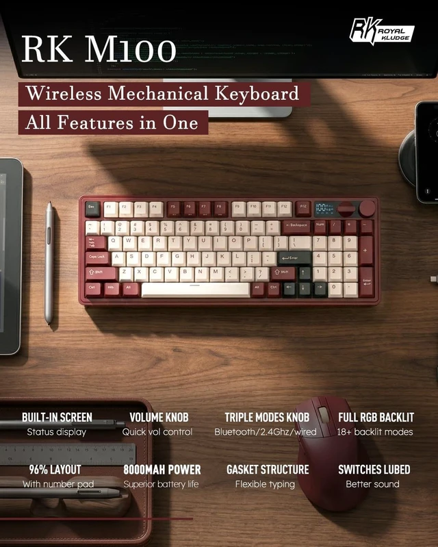 Alt view image 2 of 7 - M100 Wireless Mechanical Keyboard with Screen & Knobs, Red