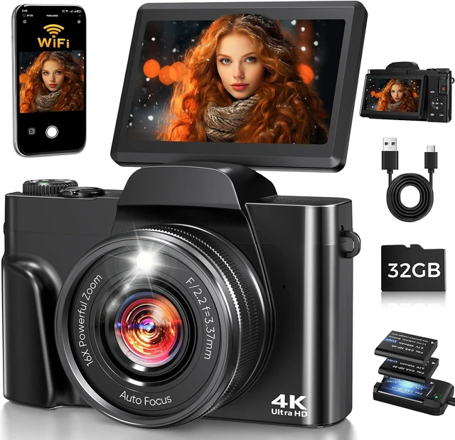 Main image of 4K Digital Camera WiFi 180° Flip Screen Autofocus 64MP 16X Zoom, Black