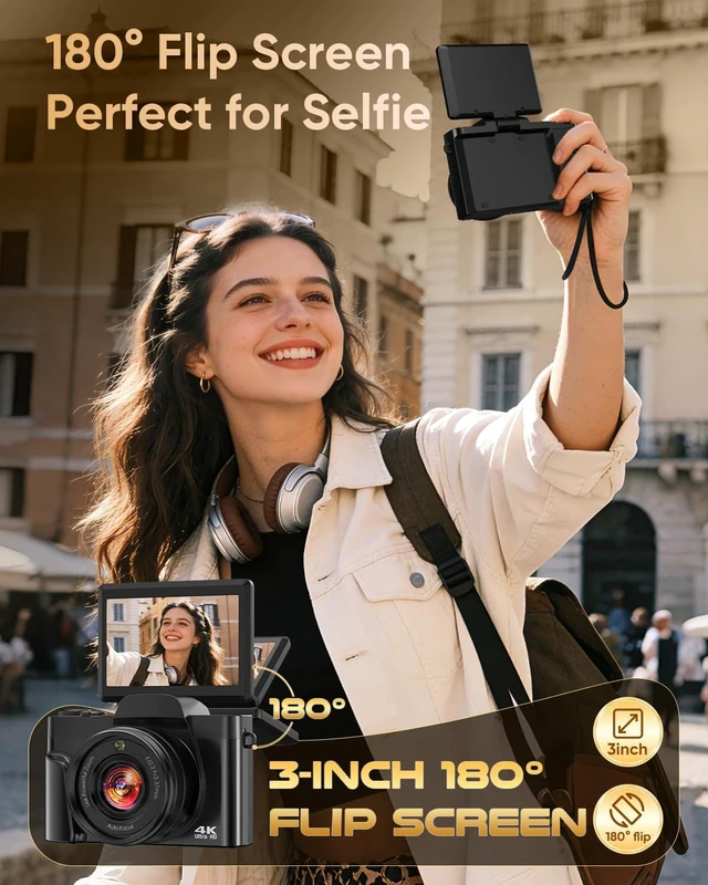 Alt view image 2 of 7 - 4K Digital Camera WiFi 180° Flip Screen Autofocus 64MP 16X Zoom, Black