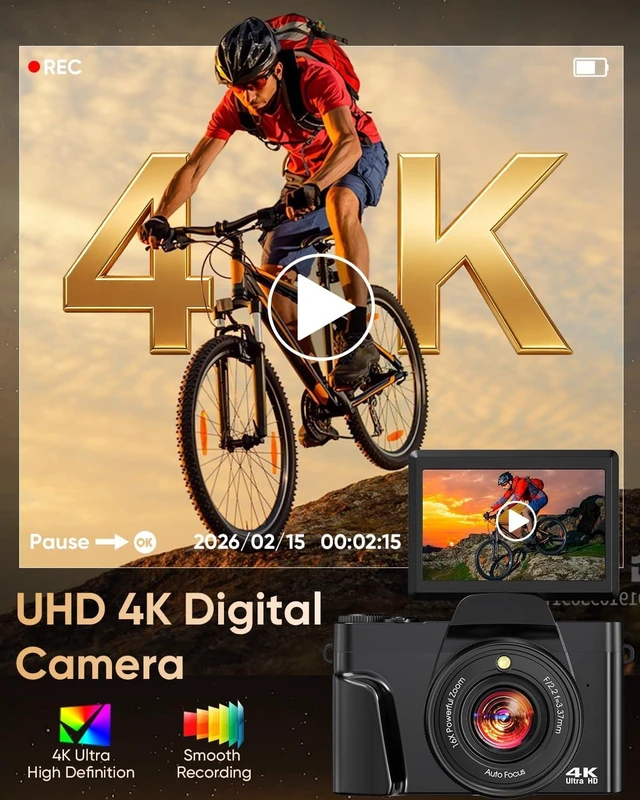 Alt view image 3 of 7 - 4K Digital Camera WiFi 180° Flip Screen Autofocus 64MP 16X Zoom, Black