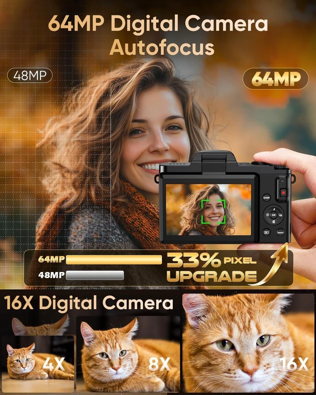 Alt view image 4 of 7 - 4K Digital Camera WiFi 180° Flip Screen Autofocus 64MP 16X Zoom, Black