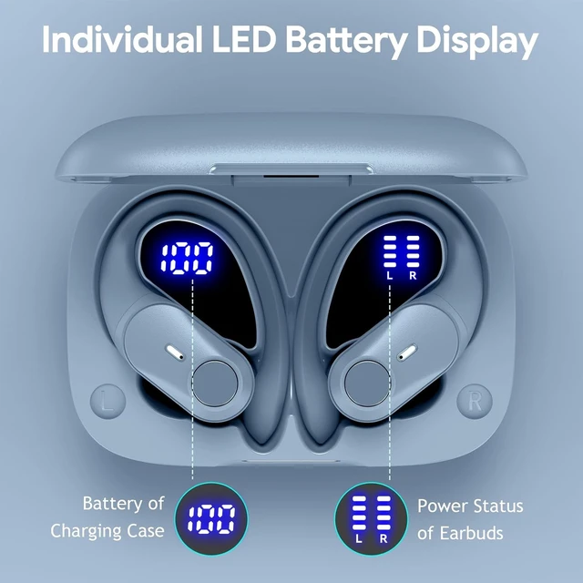 Alt view image 6 of 7 - Active Noise Cancelling Ear Buds Wireless Bluetooth Headphones 80H Playtime Display Charging Case 50dB ANC Over Earhooks Earbuds with Hi-Res Sound Clear Calls for Sport Running Gym Workout Sierra Blue