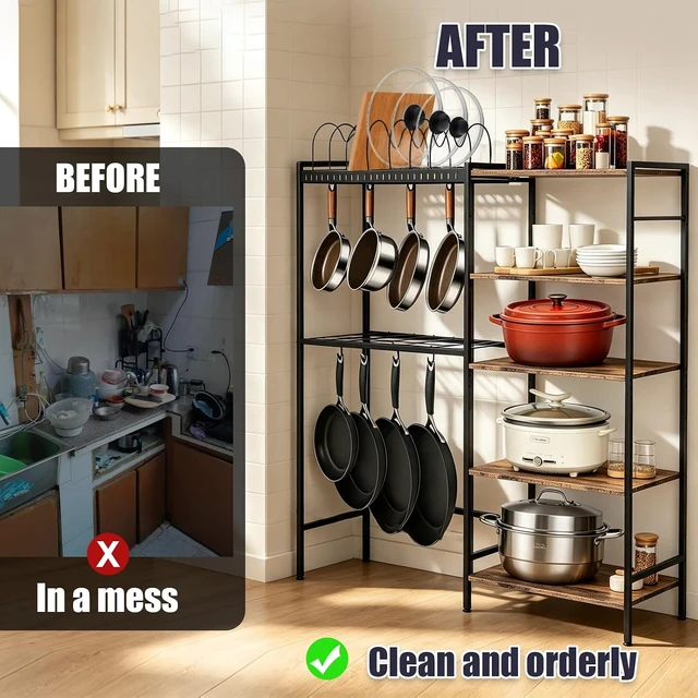 Alt view image 2 of 7 - Pot and Pan Organizer Rack with Lids Holder, 5-Tier Kitchen Cookware Storage Shelf, Adjustable Freestanding Pot Rack for Kitchen, Pantry & Dining Room