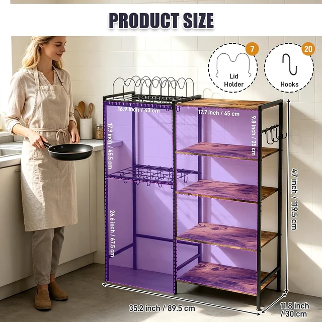 Alt view image 3 of 7 - Pot and Pan Organizer Rack with Lids Holder, 5-Tier Kitchen Cookware Storage Shelf, Adjustable Freestanding Pot Rack for Kitchen, Pantry & Dining Room