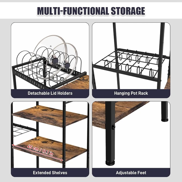 Alt view image 5 of 7 - Pot and Pan Organizer Rack with Lids Holder, 5-Tier Kitchen Cookware Storage Shelf, Adjustable Freestanding Pot Rack for Kitchen, Pantry & Dining Room