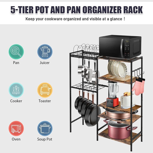 Alt view image 7 of 7 - Pot and Pan Organizer Rack with Lids Holder, 5-Tier Kitchen Cookware Storage Shelf, Adjustable Freestanding Pot Rack for Kitchen, Pantry & Dining Room