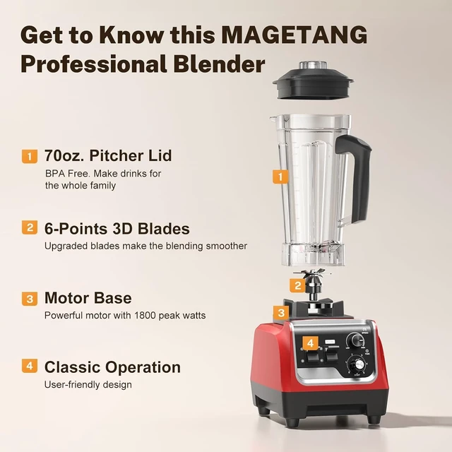 Alt view image 5 of 7 - 1800W Blender for Smoothies, Countertop Blenders for Kitchen with 70 Oz BPA-Free Pitcher and 20 oz To-Go Cup, 28000 RPM High-Speed Motor Blender for Ice Crushing, Frozen Drinks, Milkshakes