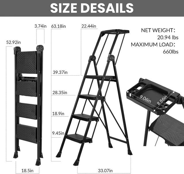 Alt view image 7 of 7 - 4 Step Ladder, Heavy Duty Steel with Foldable Handrail & Tool Tray