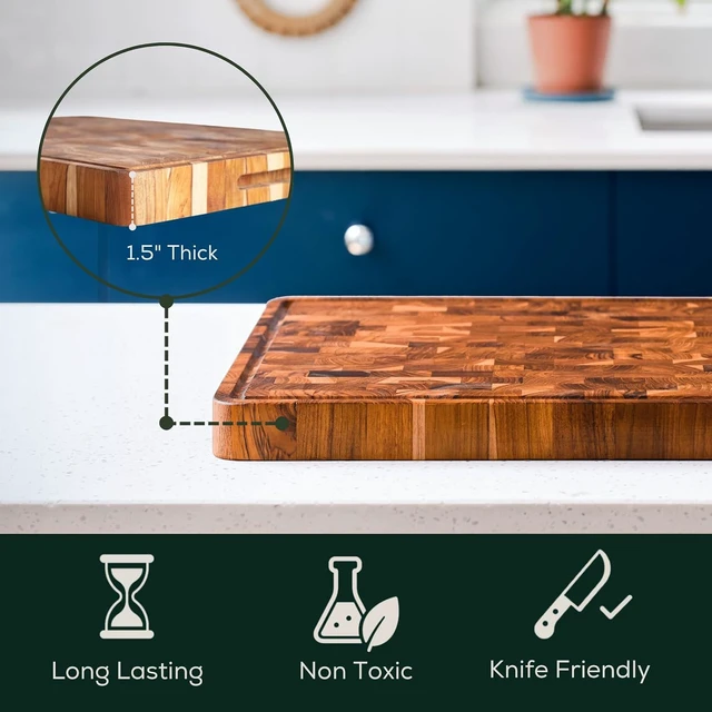 Alt view image 5 of 7 - Large (L) Acacia End Grain Cutting Board, Reversible, Knife-Friendly Charcuterie Butcher Block with Juice Groove & Handles, Non-Toxic, Gift Box Included (20" x 15" x 1.5")