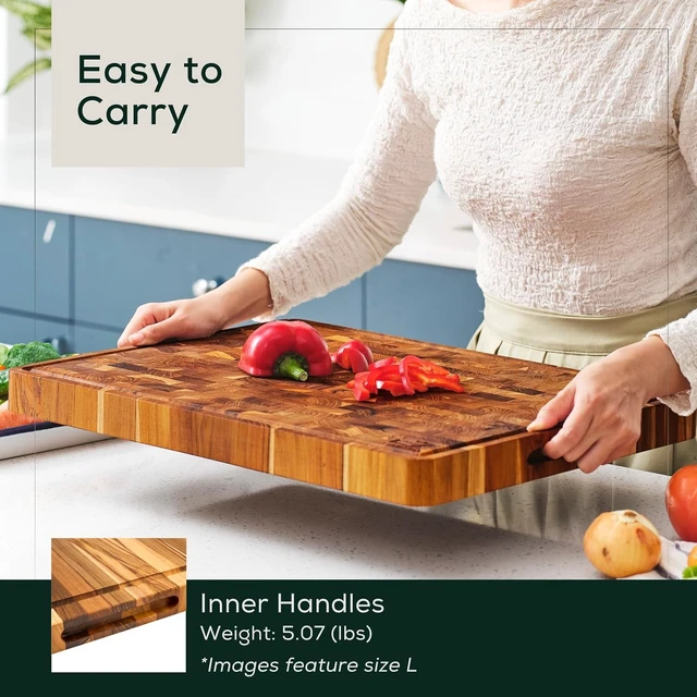 Alt view image 6 of 7 - Large (L) Acacia End Grain Cutting Board, Reversible, Knife-Friendly Charcuterie Butcher Block with Juice Groove & Handles, Non-Toxic, Gift Box Included (20" x 15" x 1.5")