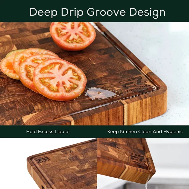 Alt view image 7 of 7 - Large (L) Acacia End Grain Cutting Board, Reversible, Knife-Friendly Charcuterie Butcher Block with Juice Groove & Handles, Non-Toxic, Gift Box Included (20" x 15" x 1.5")