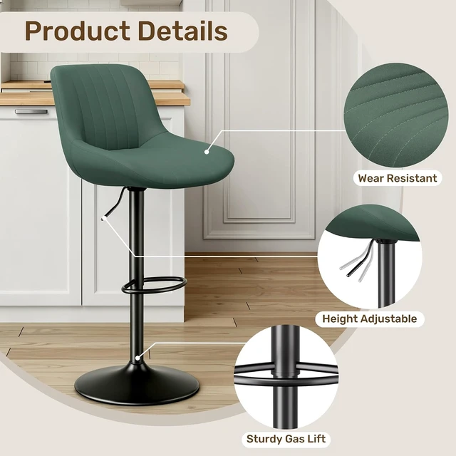 Alt view image 7 of 7 - Modern Swivel Bar Stools, Adjustable Bar Stools Set of 2, Green