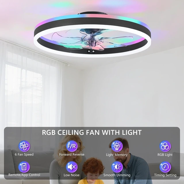 Alt view image 2 of 7 - RGB Ceiling Fan with Light, Low Profile Ceiling Fans, Black