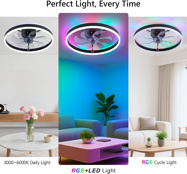 Alt view image 3 of 7 - RGB Ceiling Fan with Light, Low Profile Ceiling Fans, Black