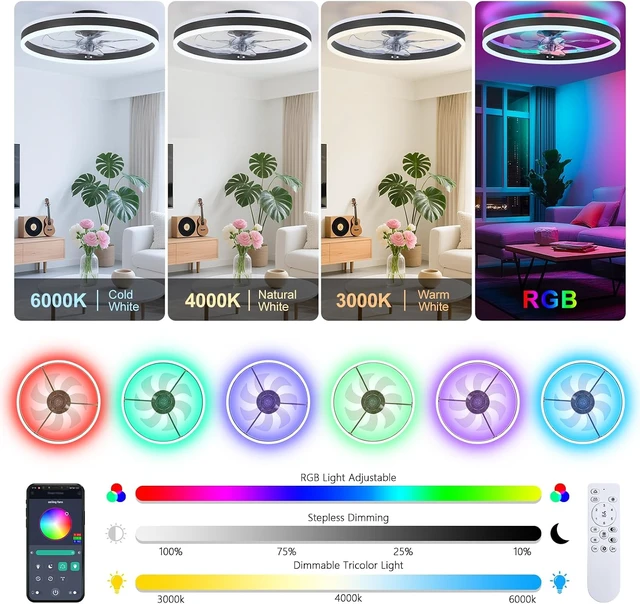 Alt view image 4 of 7 - RGB Ceiling Fan with Light, Low Profile Ceiling Fans, Black