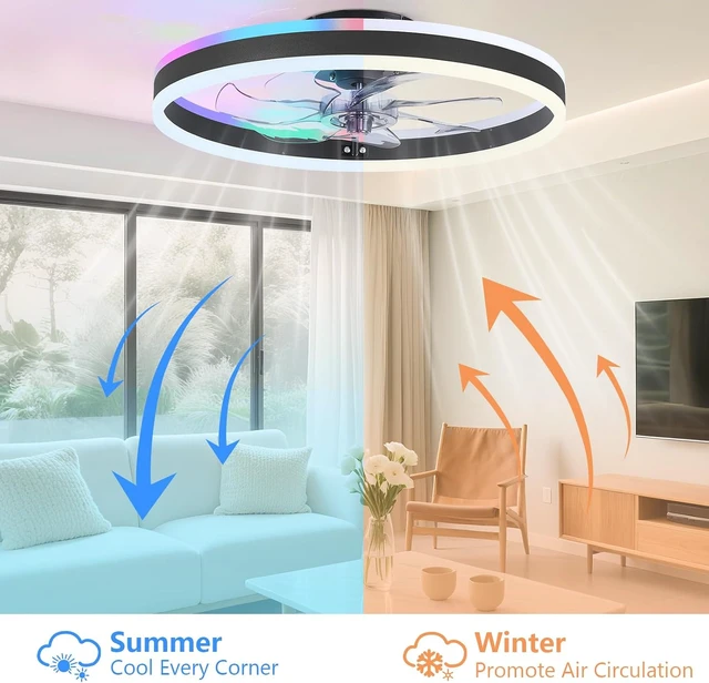 Alt view image 5 of 7 - RGB Ceiling Fan with Light, Low Profile Ceiling Fans, Black