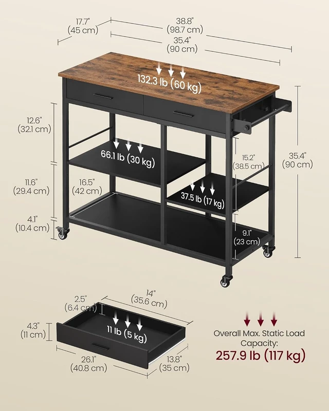 Alt view image 6 of 6 - Kitchen Island Cart with Storage, 2 Drawers, Towel Rack