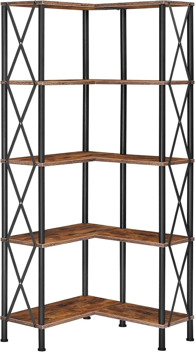 Main image of Corner Bookshelf, 5-Tier L-Shaped Bookcase, Industrial Open Display Shelf Tall Storage Organizer, Vertical Storage Rack, for Living Room, Home Office, Rustic Brown and Black BF60SJ01