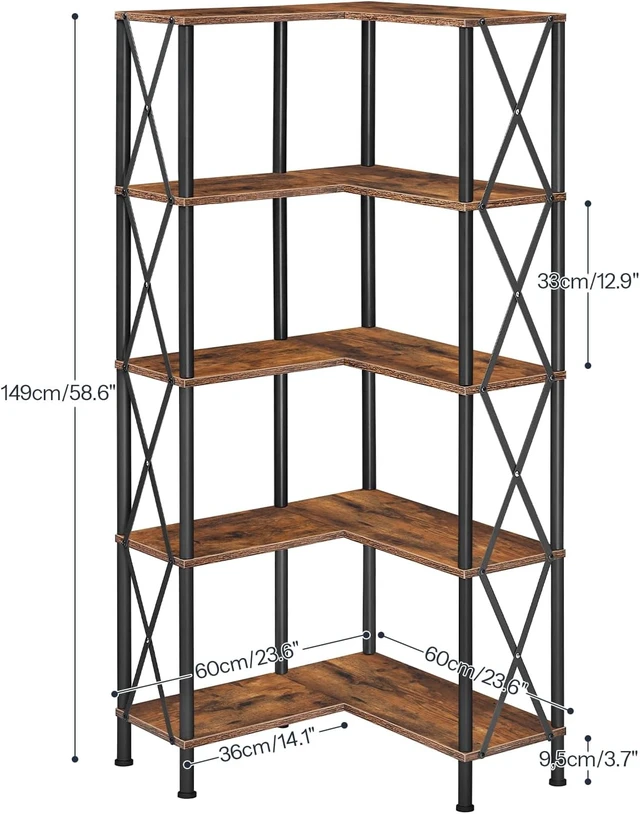 Alt view image 2 of 7 - Corner Bookshelf, 5-Tier L-Shaped Bookcase, Industrial Open Display Shelf Tall Storage Organizer, Vertical Storage Rack, for Living Room, Home Office, Rustic Brown and Black BF60SJ01