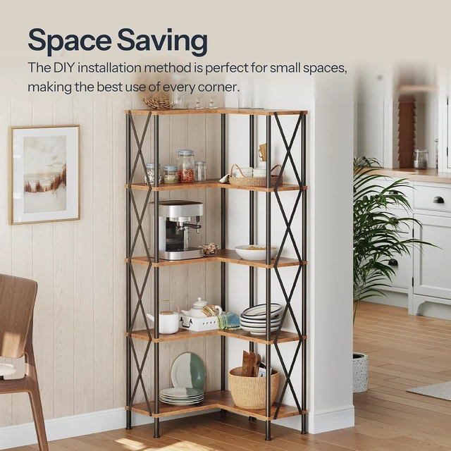 Alt view image 3 of 7 - Corner Bookshelf, 5-Tier L-Shaped Bookcase, Industrial Open Display Shelf Tall Storage Organizer, Vertical Storage Rack, for Living Room, Home Office, Rustic Brown and Black BF60SJ01