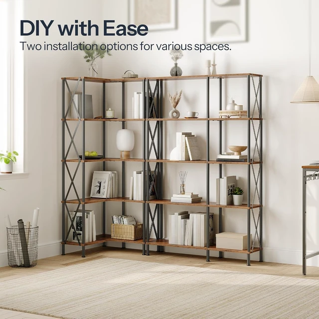 Alt view image 4 of 7 - Corner Bookshelf, 5-Tier L-Shaped Bookcase, Industrial Open Display Shelf Tall Storage Organizer, Vertical Storage Rack, for Living Room, Home Office, Rustic Brown and Black BF60SJ01