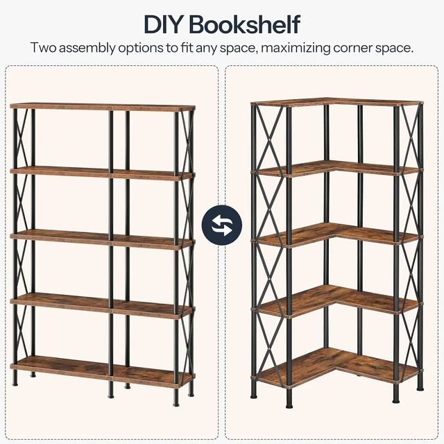 Alt view image 5 of 7 - Corner Bookshelf, 5-Tier L-Shaped Bookcase, Industrial Open Display Shelf Tall Storage Organizer, Vertical Storage Rack, for Living Room, Home Office, Rustic Brown and Black BF60SJ01