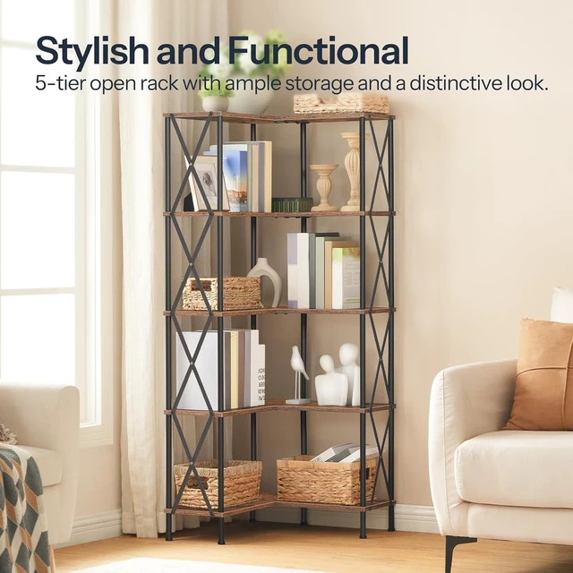Alt view image 6 of 7 - Corner Bookshelf, 5-Tier L-Shaped Bookcase, Industrial Open Display Shelf Tall Storage Organizer, Vertical Storage Rack, for Living Room, Home Office, Rustic Brown and Black BF60SJ01
