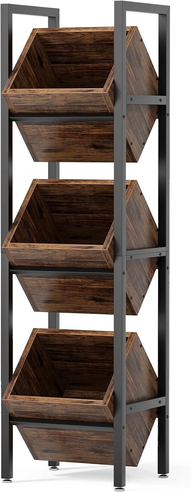 Main image of 3-Tier Basket Stand, Wooden Floor Stand Shelving Unit, Standing Organizer Storage Rack for Kitchen, Bathroom, Living Room (Rustic)