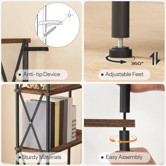 Alt view image 7 of 7 - Corner Bookshelf, 5-Tier L-Shaped Bookcase, Industrial Open Display Shelf Tall Storage Organizer, Vertical Storage Rack, for Living Room, Home Office, Rustic Brown and Black BF60SJ01