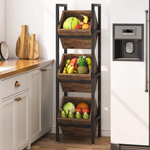 Alt view image 2 of 7 - 3-Tier Basket Stand, Wooden Floor Stand Shelving Unit, Standing Organizer Storage Rack for Kitchen, Bathroom, Living Room (Rustic)