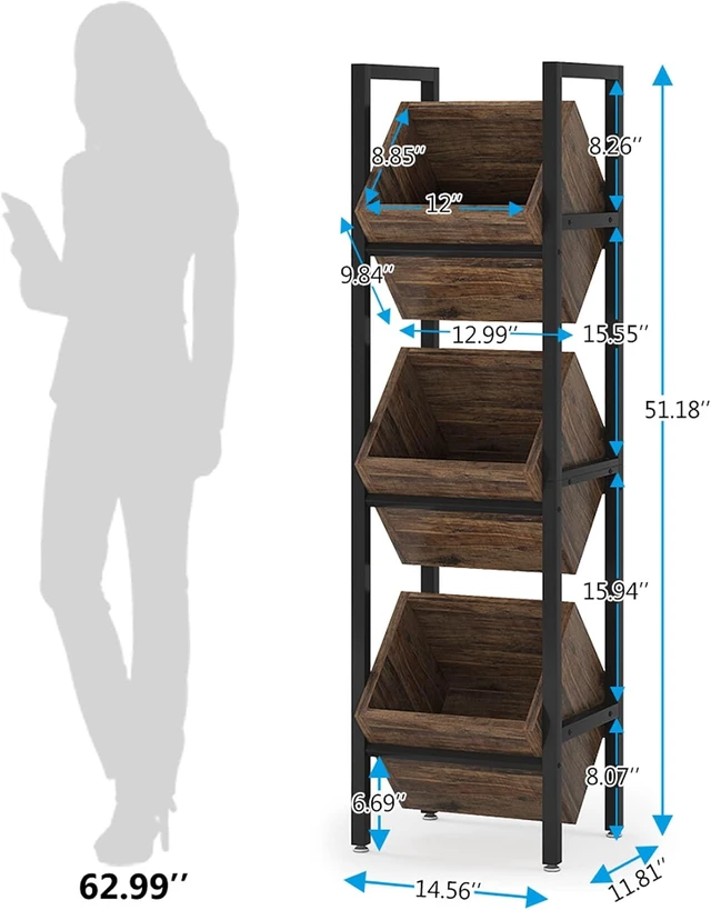 Alt view image 3 of 7 - 3-Tier Basket Stand, Wooden Floor Stand Shelving Unit, Standing Organizer Storage Rack for Kitchen, Bathroom, Living Room (Rustic)