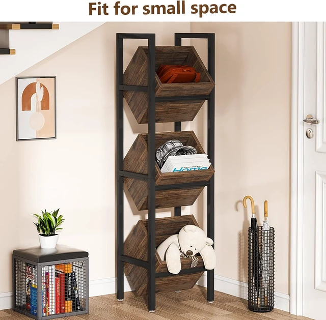 Alt view image 4 of 7 - 3-Tier Basket Stand, Wooden Floor Stand Shelving Unit, Standing Organizer Storage Rack for Kitchen, Bathroom, Living Room (Rustic)