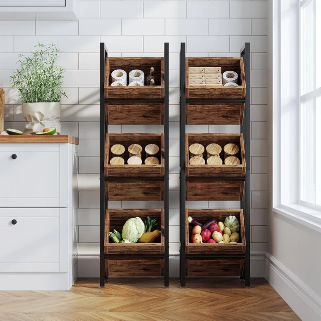 Alt view image 5 of 7 - 3-Tier Basket Stand, Wooden Floor Stand Shelving Unit, Standing Organizer Storage Rack for Kitchen, Bathroom, Living Room (Rustic)