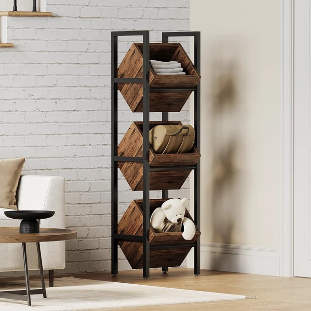Alt view image 6 of 7 - 3-Tier Basket Stand, Wooden Floor Stand Shelving Unit, Standing Organizer Storage Rack for Kitchen, Bathroom, Living Room (Rustic)