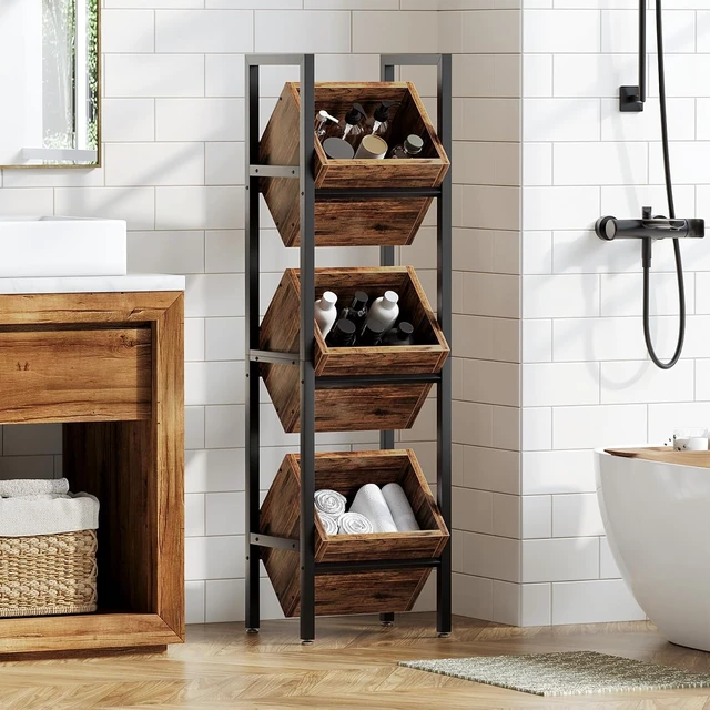 Alt view image 7 of 7 - 3-Tier Basket Stand, Wooden Floor Stand Shelving Unit, Standing Organizer Storage Rack for Kitchen, Bathroom, Living Room (Rustic)