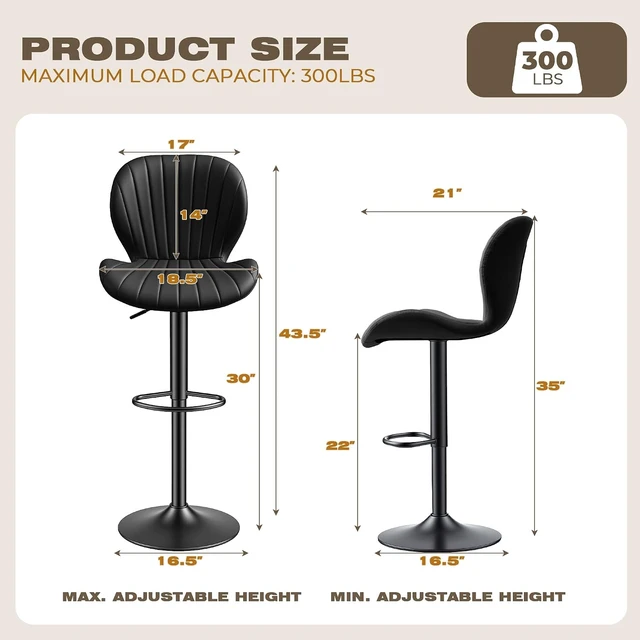 Alt view image 2 of 7 - Bar Stools Set of 2, Modern Swivel Adjustable Bar Chairs, Faux Leather Upholstered Counter Height Bar Stools with Backrest, Comfort Barstools for Kitchen Island, Home Bar, Black