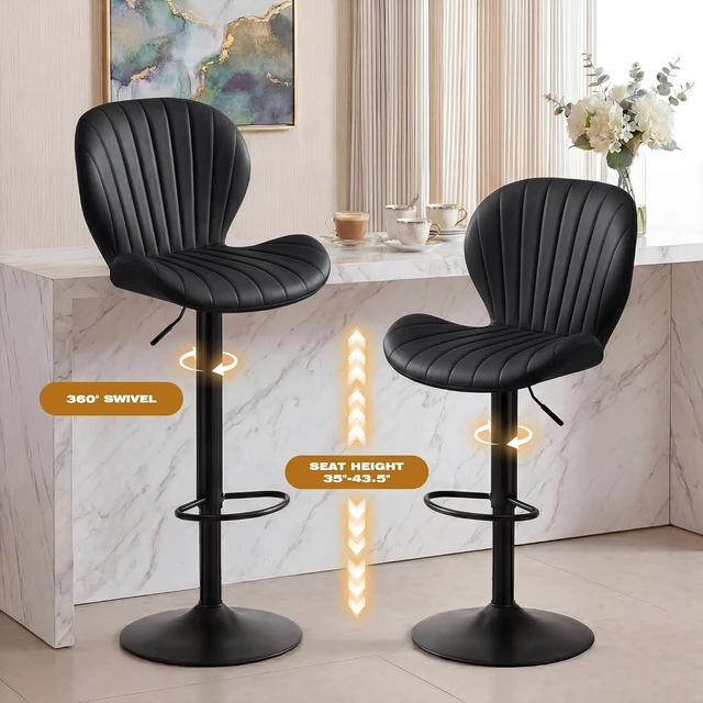 Alt view image 4 of 7 - Bar Stools Set of 2, Modern Swivel Adjustable Bar Chairs, Faux Leather Upholstered Counter Height Bar Stools with Backrest, Comfort Barstools for Kitchen Island, Home Bar, Black