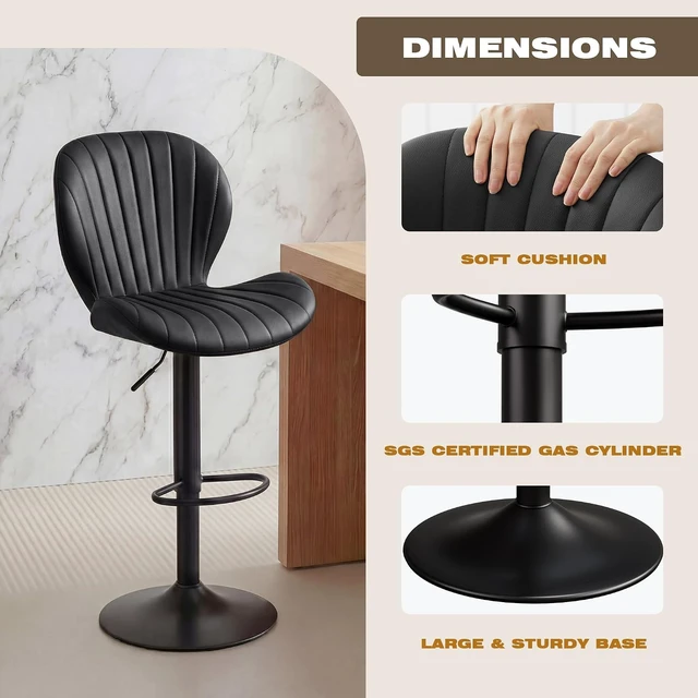 Alt view image 5 of 7 - Bar Stools Set of 2, Modern Swivel Adjustable Bar Chairs, Faux Leather Upholstered Counter Height Bar Stools with Backrest, Comfort Barstools for Kitchen Island, Home Bar, Black