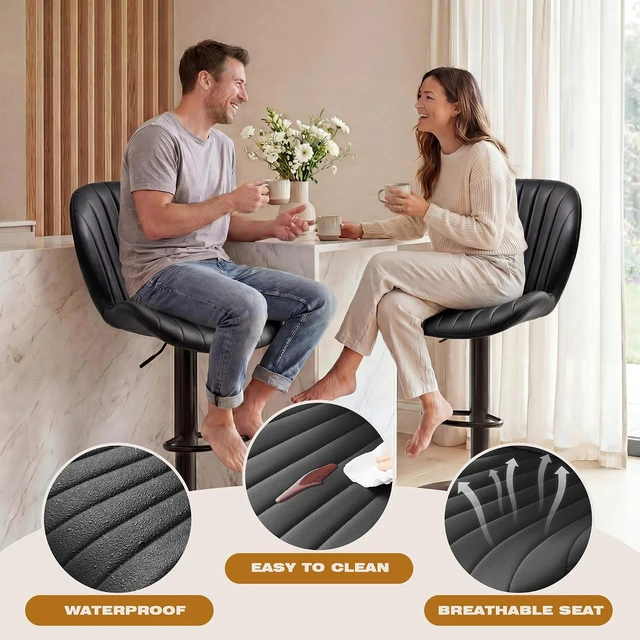 Alt view image 6 of 7 - Bar Stools Set of 2, Modern Swivel Adjustable Bar Chairs, Faux Leather Upholstered Counter Height Bar Stools with Backrest, Comfort Barstools for Kitchen Island, Home Bar, Black