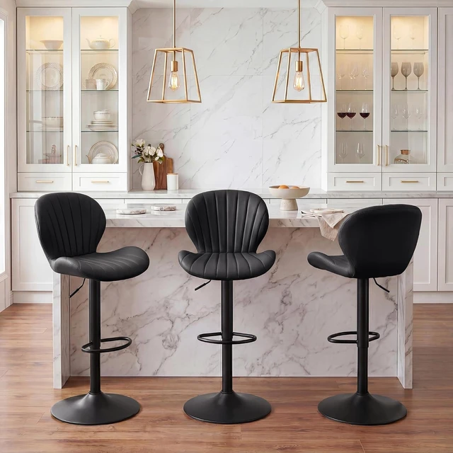 Alt view image 7 of 7 - Bar Stools Set of 2, Modern Swivel Adjustable Bar Chairs, Faux Leather Upholstered Counter Height Bar Stools with Backrest, Comfort Barstools for Kitchen Island, Home Bar, Black