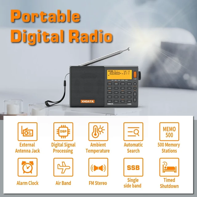 Alt view image 3 of 5 - D808 Portable AM FM SW LW Air Band Radio SSB RDS Multi Band Radio Speaker with LCD Display Alarm Clock External Antenna (Grey)