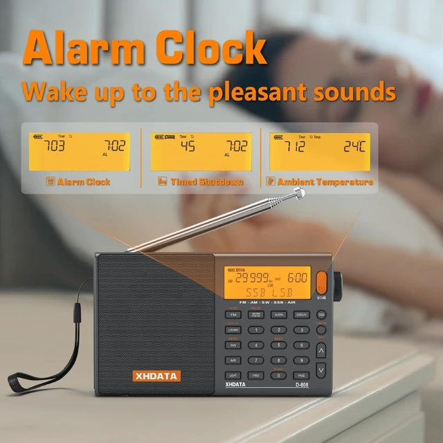 Alt view image 5 of 5 - D808 Portable AM FM SW LW Air Band Radio SSB RDS Multi Band Radio Speaker with LCD Display Alarm Clock External Antenna (Grey)