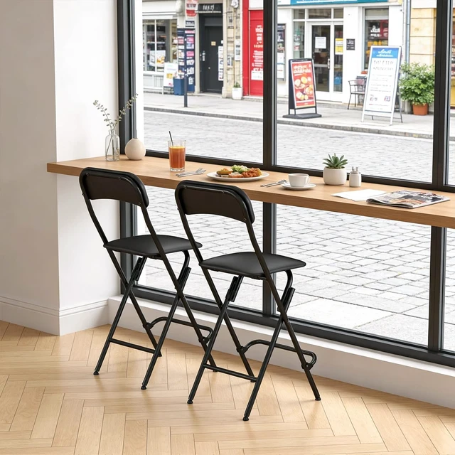 Alt view image 2 of 7 - HOME Folding Bar Stool with Backrest,25 Inch Leather Padded Counter Height Foldable Stool,Tall Folding Stool Chair for Gardening Kitchen Shop Cafe, Black (2 Pack)